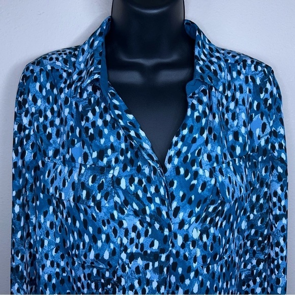 SMALL INVESTMENTS BLUE TEAL DOT PRINT LONG SLEEVE BLOUSE FLOWY CHIFFON - Picture 4 of 11